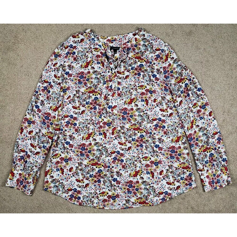 Talbots Women's Floral Top Blouse Front Tie Long Sleeve Size Large Sheer Multico